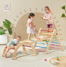 Load image into Gallery viewer, tiny land wooden eco-friendly non-toxic montessori toddler preschooler climbing set indoor playground  three kids playing 
