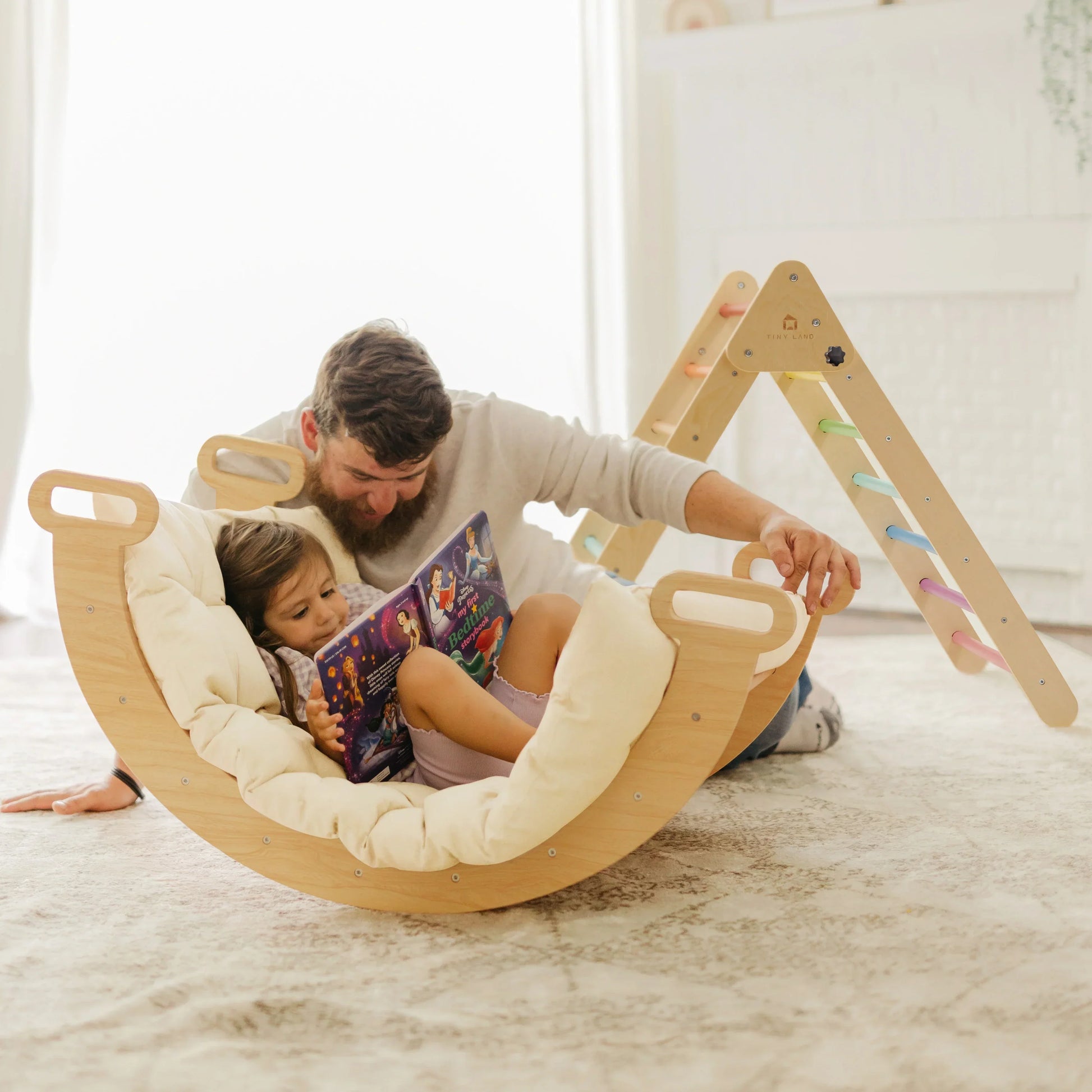 montessori wooden arch non-toxic eco-friendly girl reading with dad