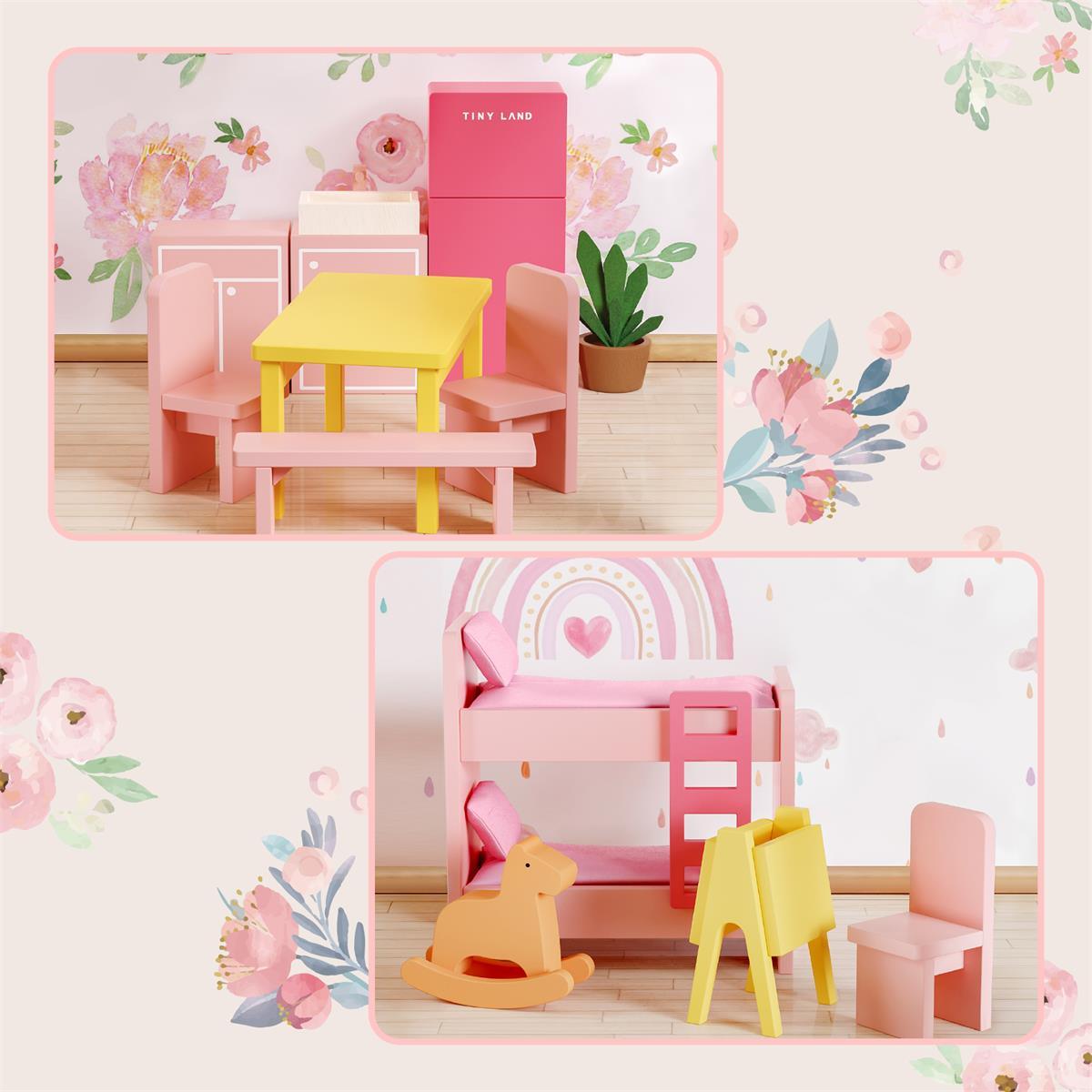 Tiny Land® Sustainable Wooden Love Dollhouse with 30 Furniture Pieces