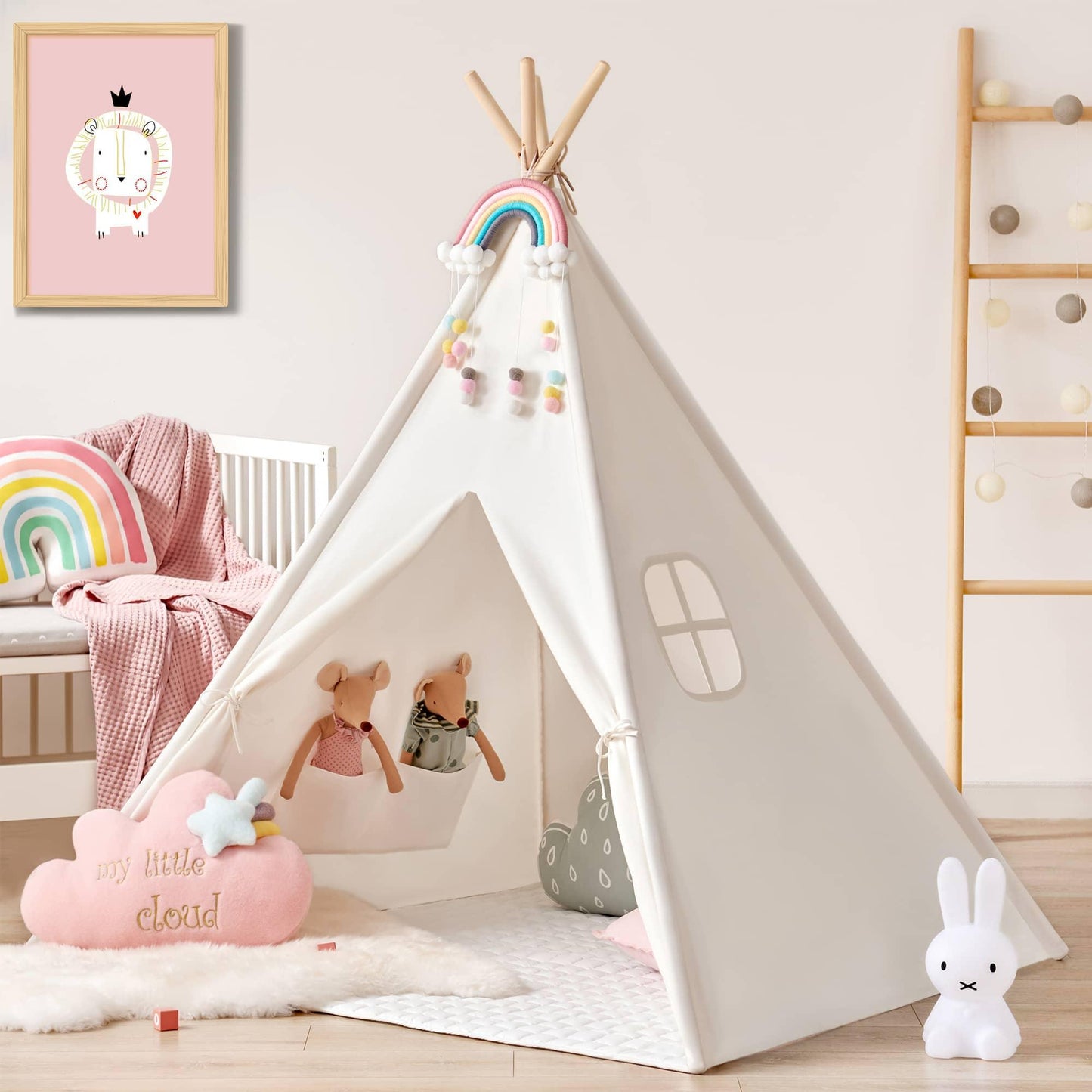 Tiny Land® Wood and Cotton Teepee for Kids with Mat