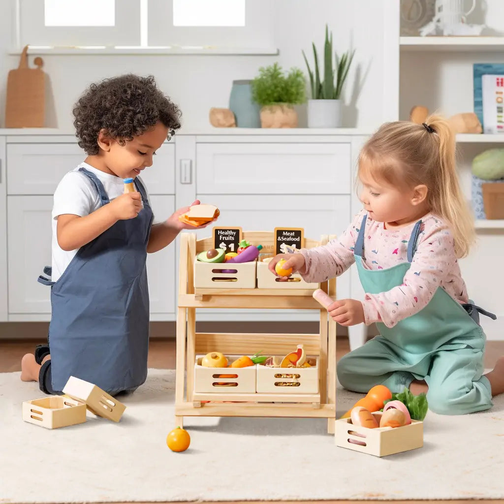 little boy and girl playing with wooden play food organized in bins on wooden eco-friendly shelving rack child-sized by tiny land