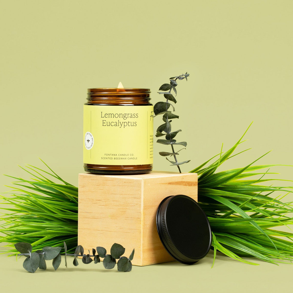 Lemongrass Eucalyptus Essential Oil Candle – Beeswax & Coconut, Wooden Wick, 9 oz