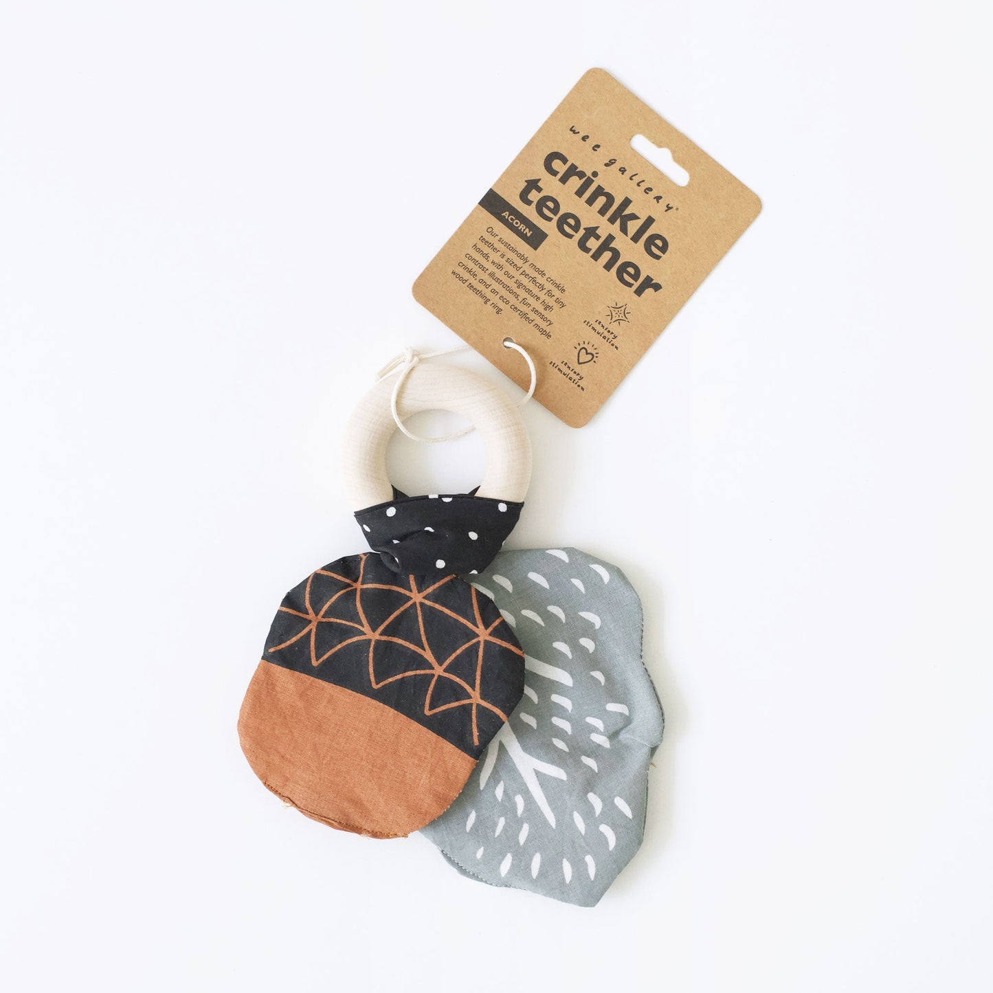 Wee Gallery Organic Cotton Crinkle Baby Teether Ring - Acorn