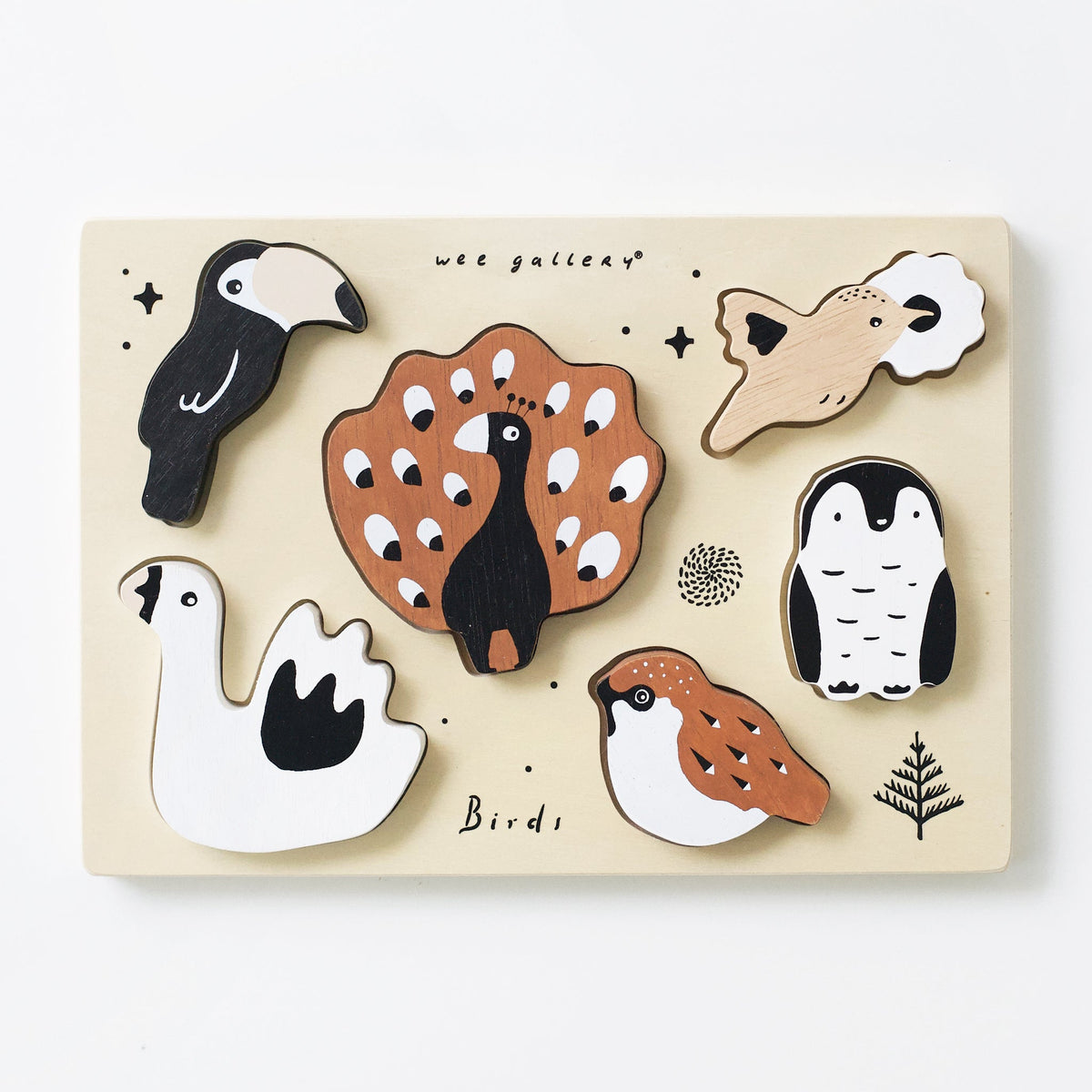 Wee Gallery Birds Wooden Tray Puzzle – 6-Piece Rubberwood Puzzle