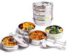 Load image into Gallery viewer, Stainless Steel Lunch Box, 4 Tier Round with Spork, 55 Oz
