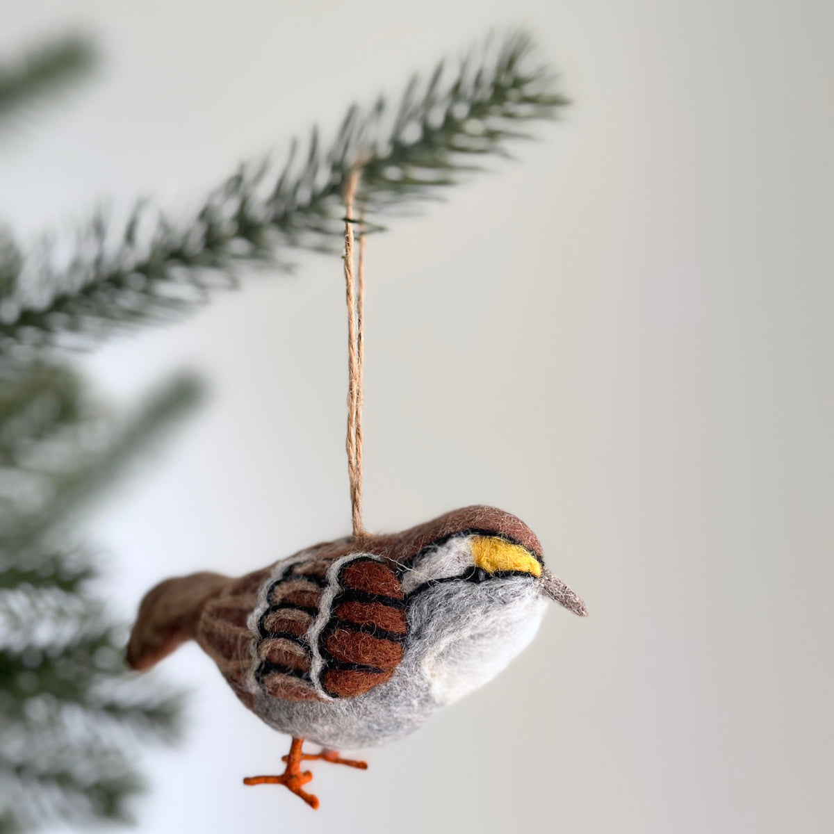 White-Throated Sparrow Ornament – Handmade Wool Felt Holiday Decor