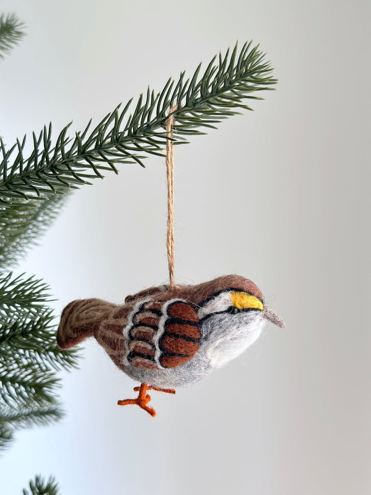 White-Throated Sparrow Ornament – Handmade Wool Felt Holiday Decor