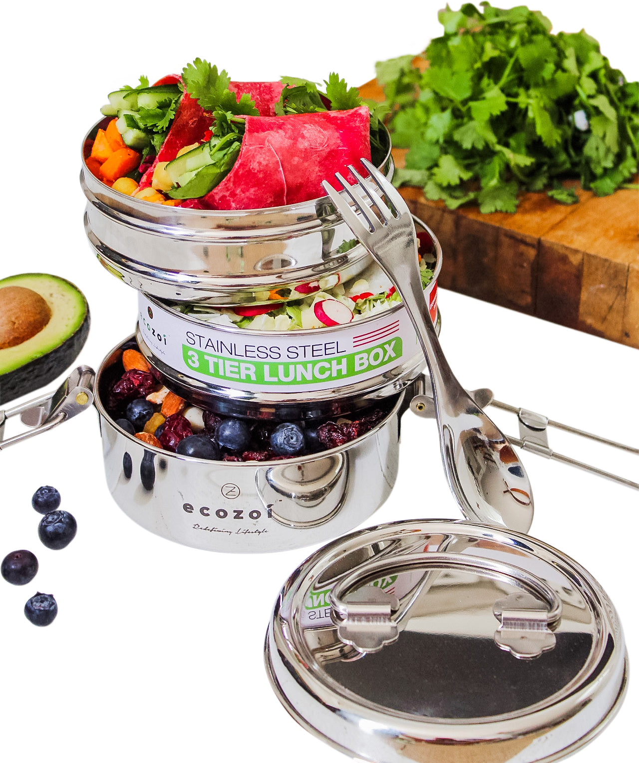 Stainless Steel Lunch Box, 3 Tier Round with Spork - Thumbnail 3