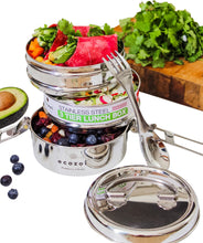 Load image into Gallery viewer, Stainless Steel Lunch Box, 3 Tier Round with Spork, 40 Oz
