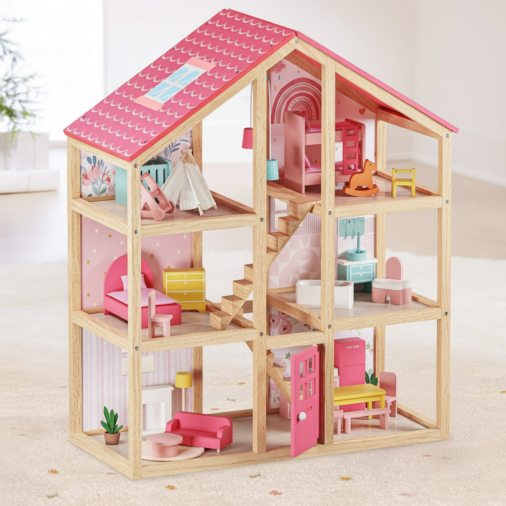 Tiny Land® Sweetwood Wooden Dollhouse without Dolls – 3 Levels + Attic, 6 Rooms, Wooden Furniture Set, Ages 3+