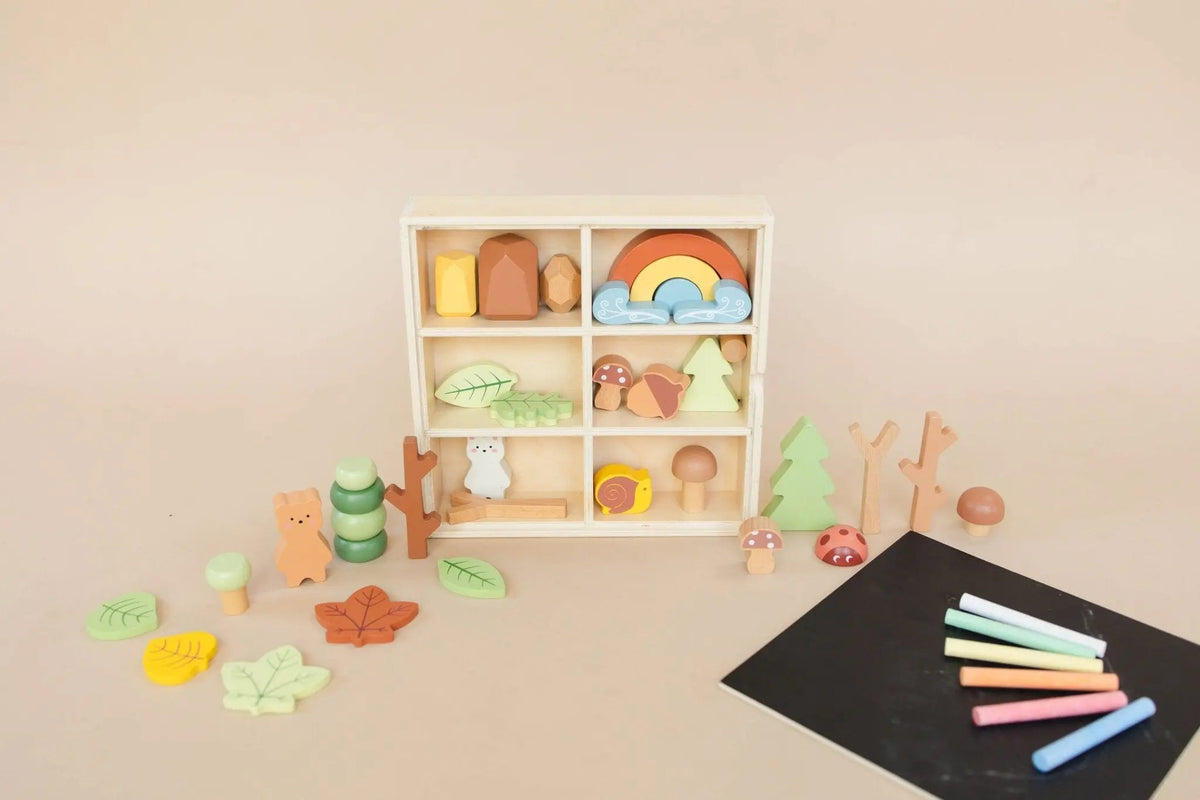Wooden Forest Sensory Bin – 38-Piece Woodland Play Set with Chalkboard Lid, Ages 3+