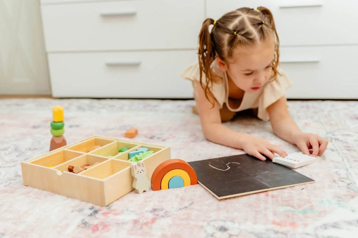 Wooden Forest Sensory Bin – 38-Piece Woodland Play Set with Chalkboard Lid, Ages 3+