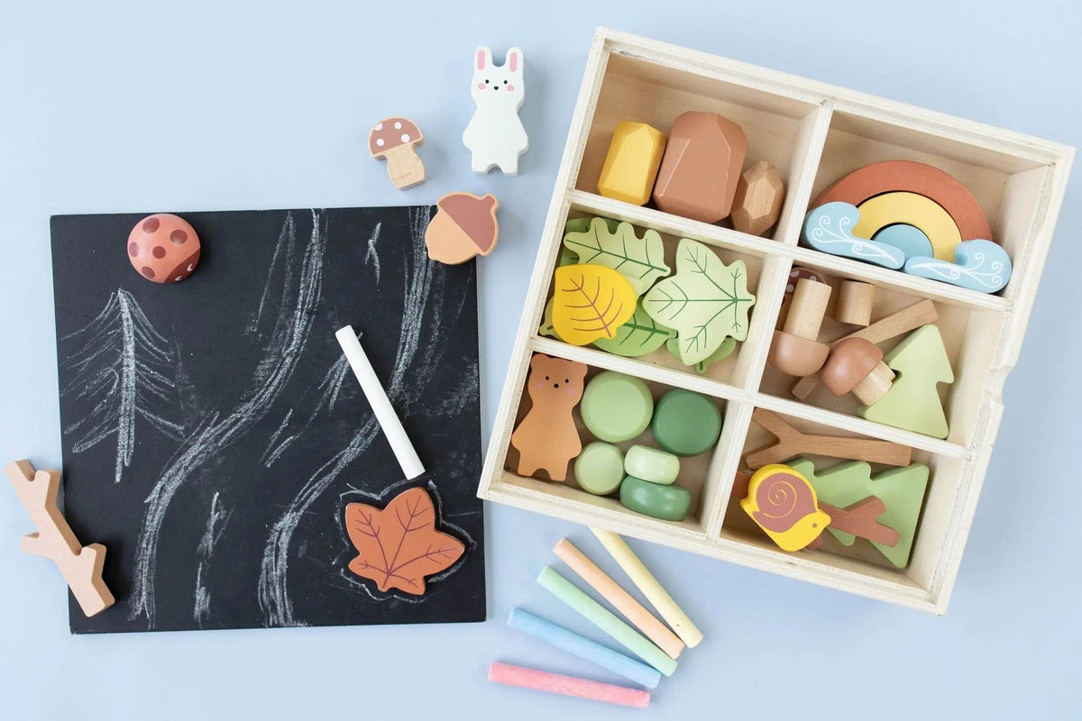 Wooden Forest Sensory Bin – 38-Piece Woodland Play Set with Chalkboard Lid, Ages 3+