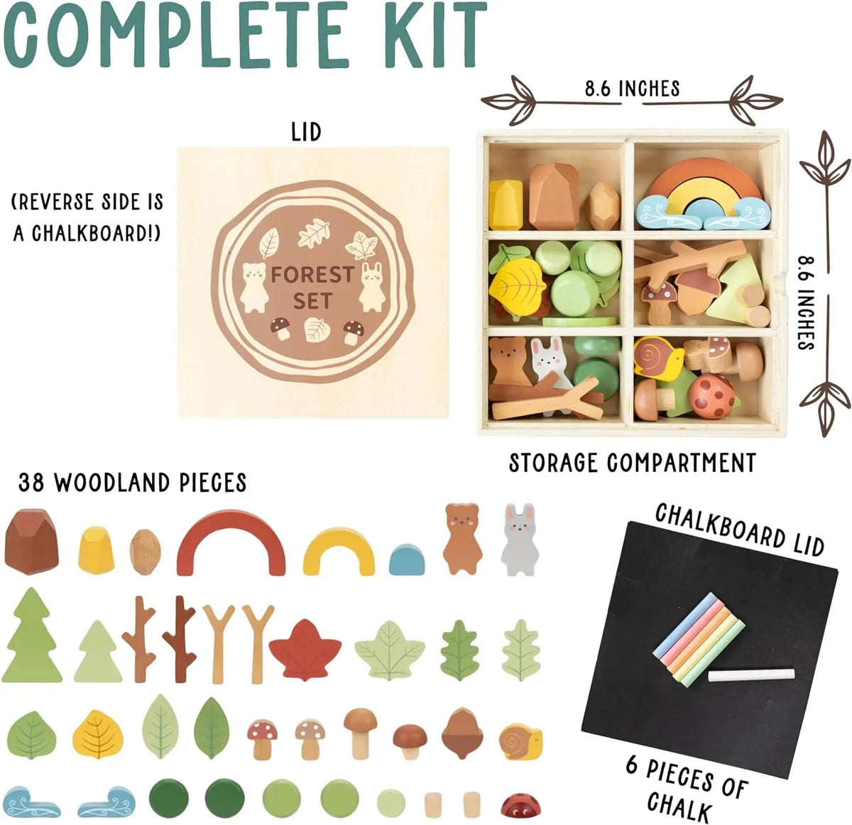 Wooden Forest Sensory Bin – 38-Piece Woodland Play Set with Chalkboard Lid, Ages 3+