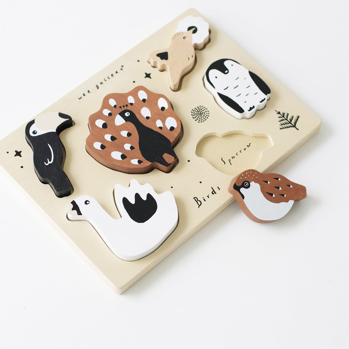 Wee Gallery Birds Wooden Tray Puzzle – 6-Piece Rubberwood Puzzle