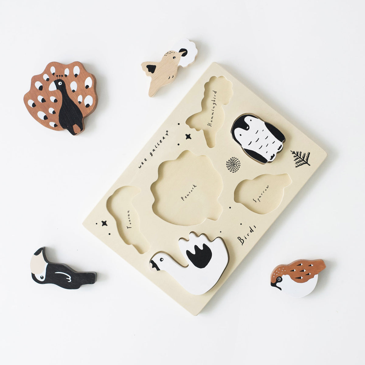 Wee Gallery Birds Wooden Tray Puzzle – 6-Piece Rubberwood Puzzle