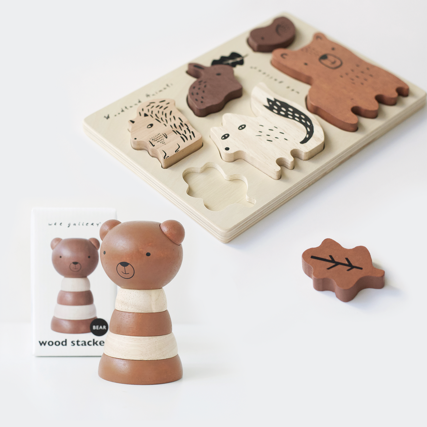 Wee Gallery Woodland Explorer Bundle | Eco-Friendly Wooden Toddler Puzzle and Stacker