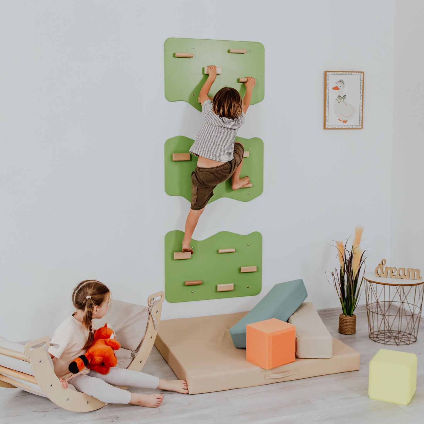 Indoor Rock Wall with Cloud-Shaped Panels & Wooden Climbing Holds for Kids 3-10