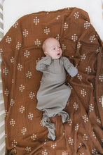 Load image into Gallery viewer, baby on blanket wearing organic cotton ribbed knot gown non-toxic eco-friendly
