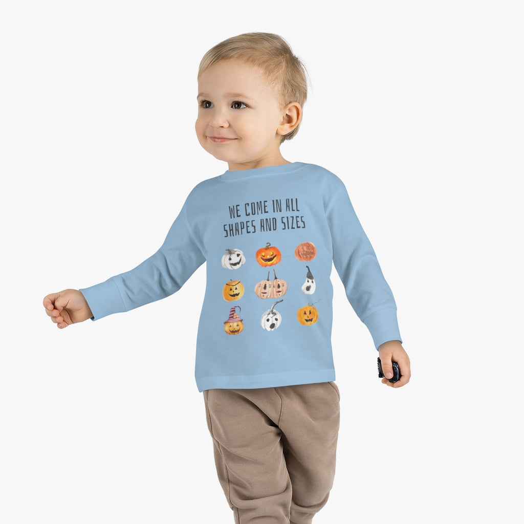 We come in all shapes and sizes jack-o-lantern design kid long sleeve shirt  - blue