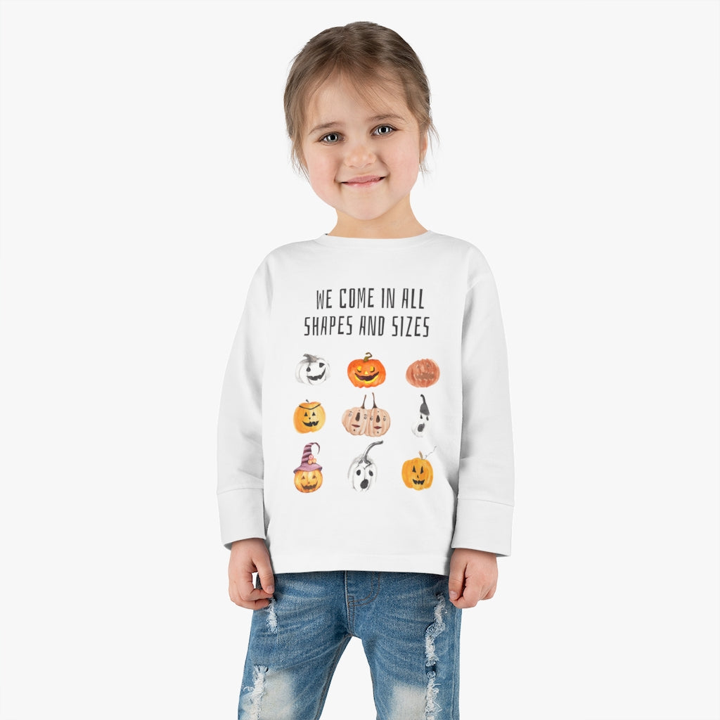 We come in all shapes and sizes jack-o-lantern design kid long sleeve shirt  - white