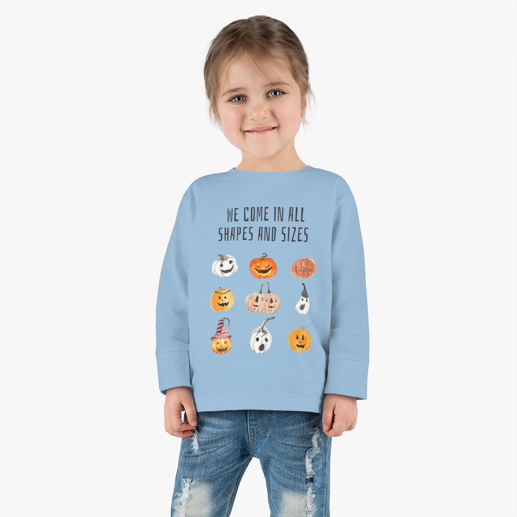 We come in all shapes and sizes jack-o-lantern design kid long sleeve shirt  - blue