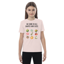 Load image into Gallery viewer, We come in all shapes and sizes pumpkin design kid organic t-shirt - pink - female model
