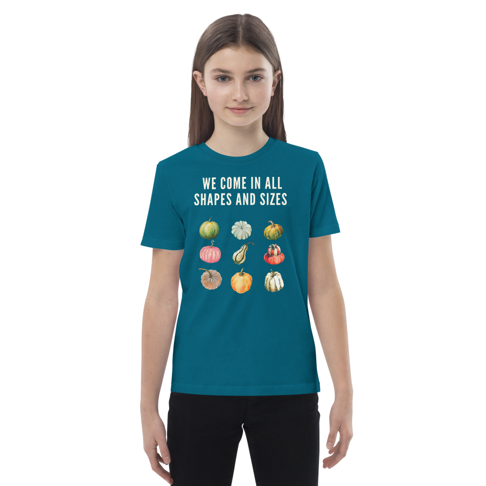 We come in all shapes and sizes kid t-shirt - aqua - female model