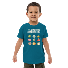Load image into Gallery viewer, We come in all shapes and sizes kid t-shirt - aqua - male model
