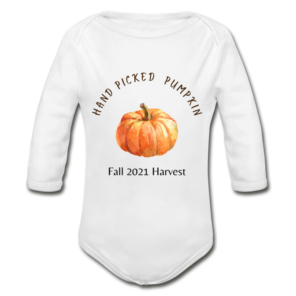 Hand Picked Pumpkin Organic Long Sleeve Onesie - white