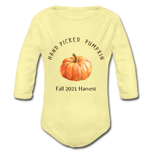Load image into Gallery viewer, Hand Picked Pumpkin Organic Long Sleeve Onesie - washed yellow

