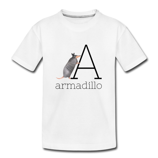 A is for Armadillo Alphabet Letter of the Day Organic Kids' T-shirt - white