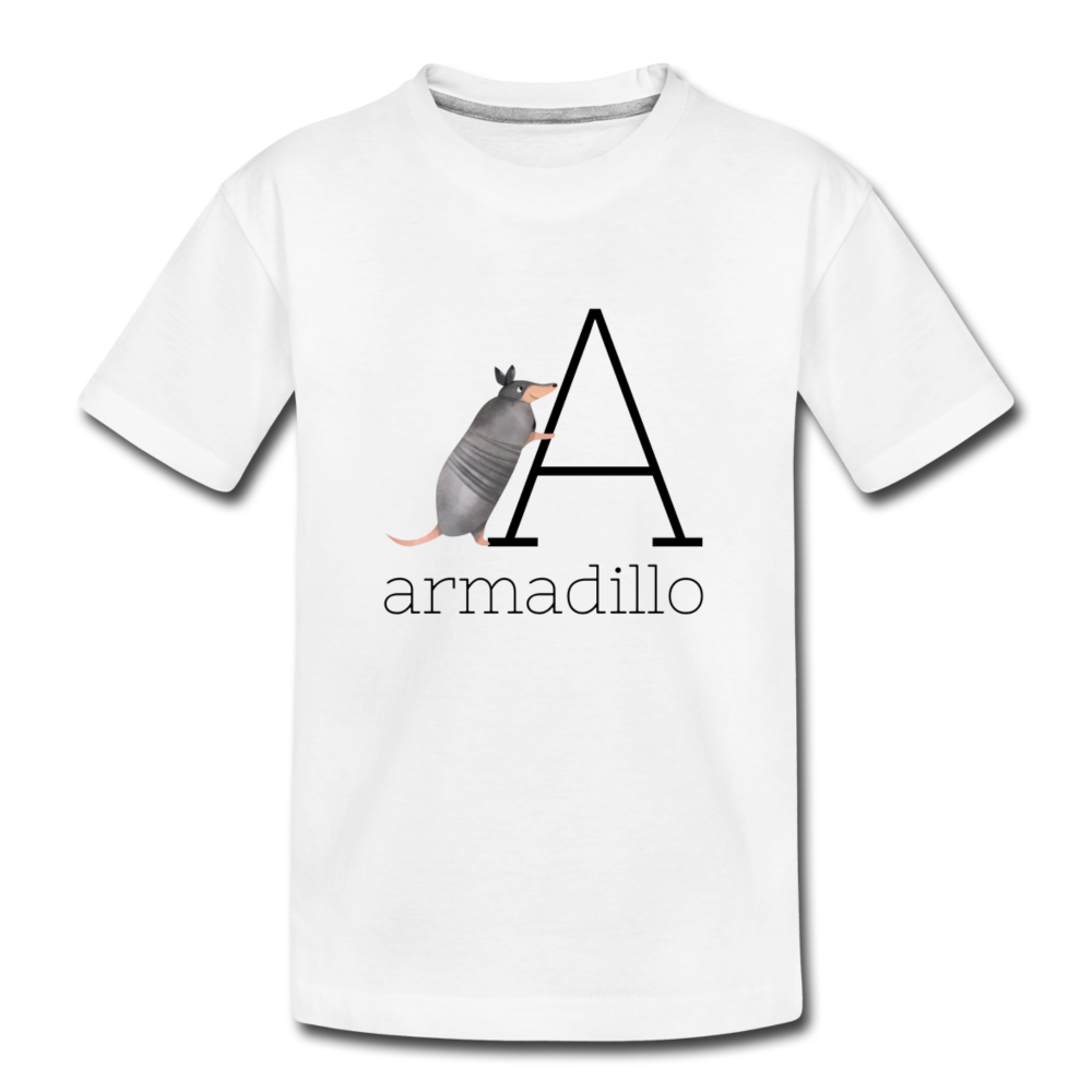 A is for Armadillo Alphabet Letter of the Day Organic Kids' T-shirt - white