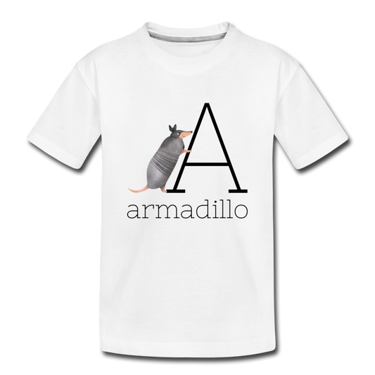 A is for Armadillo Alphabet Letter of the Day Organic Toddler T-shirt - white