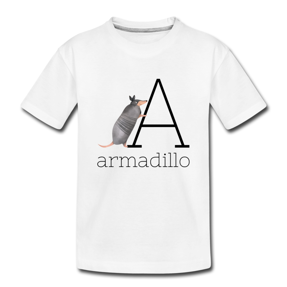 A is for Armadillo Alphabet Letter of the Day Organic Toddler T-shirt - white