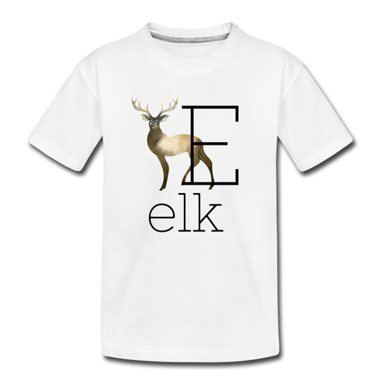 E is for Elk Alphabet Letter of the Day Organic Toddler T-shirt - white