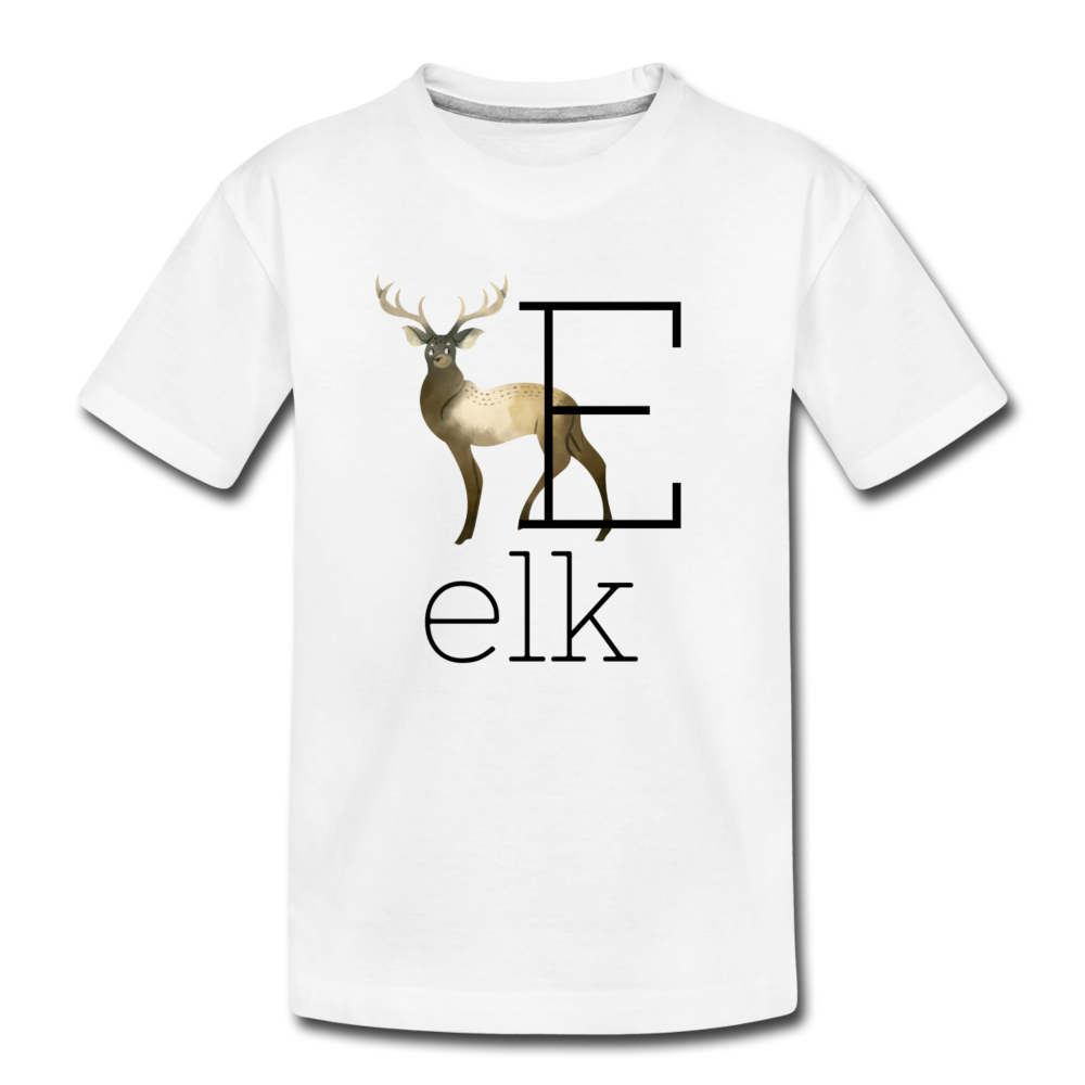E is for Elk Alphabet Letter of the Day Organic Toddler T-shirt - white
