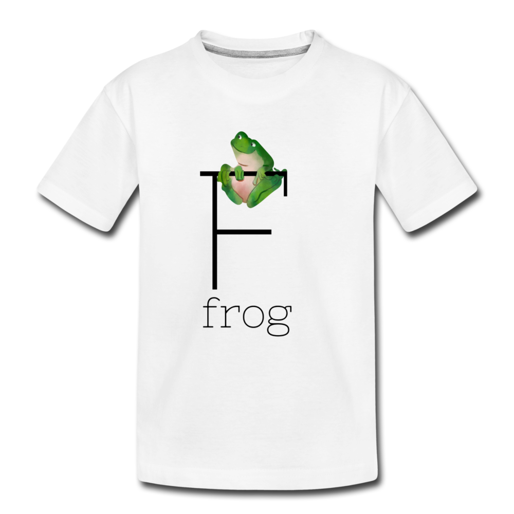 F is for Frog Alphabet Letter of the Day Organic Toddler T-shirt - white