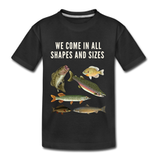 Load image into Gallery viewer, We Come in All Shapes and Sizes Organic Kids&#39; Fishing T-Shirt - black

