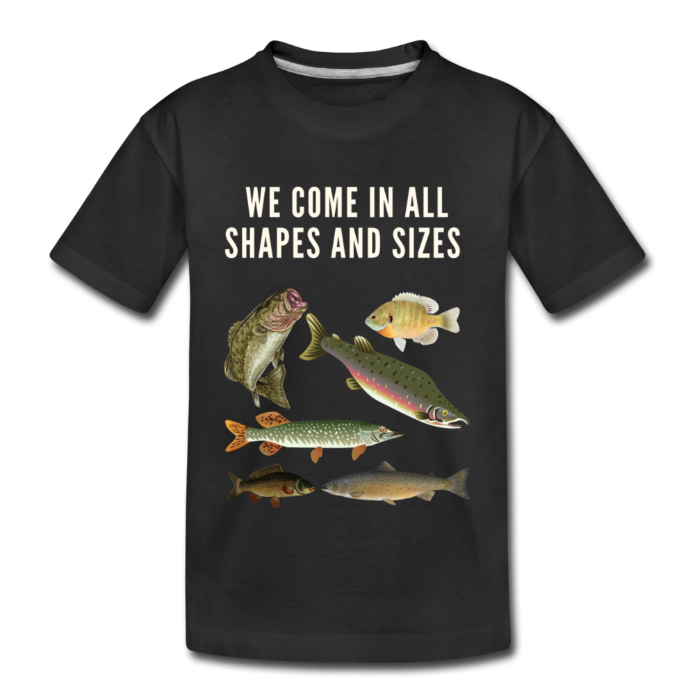 We Come in All Shapes and Sizes Organic Kids' Fishing T-Shirt - black
