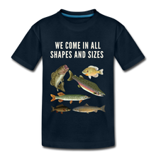 Load image into Gallery viewer, We Come in All Shapes and Sizes Organic Kids&#39; Fishing T-Shirt - deep navy
