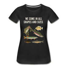 Load image into Gallery viewer, We Come in All Shapes and Sizes Organic Women&#39;s Fishing T-Shirt | Black and Navy - black
