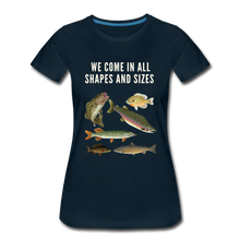 Load image into Gallery viewer, We Come in All Shapes and Sizes Organic Women&#39;s Fishing T-Shirt | Black and Navy - deep navy
