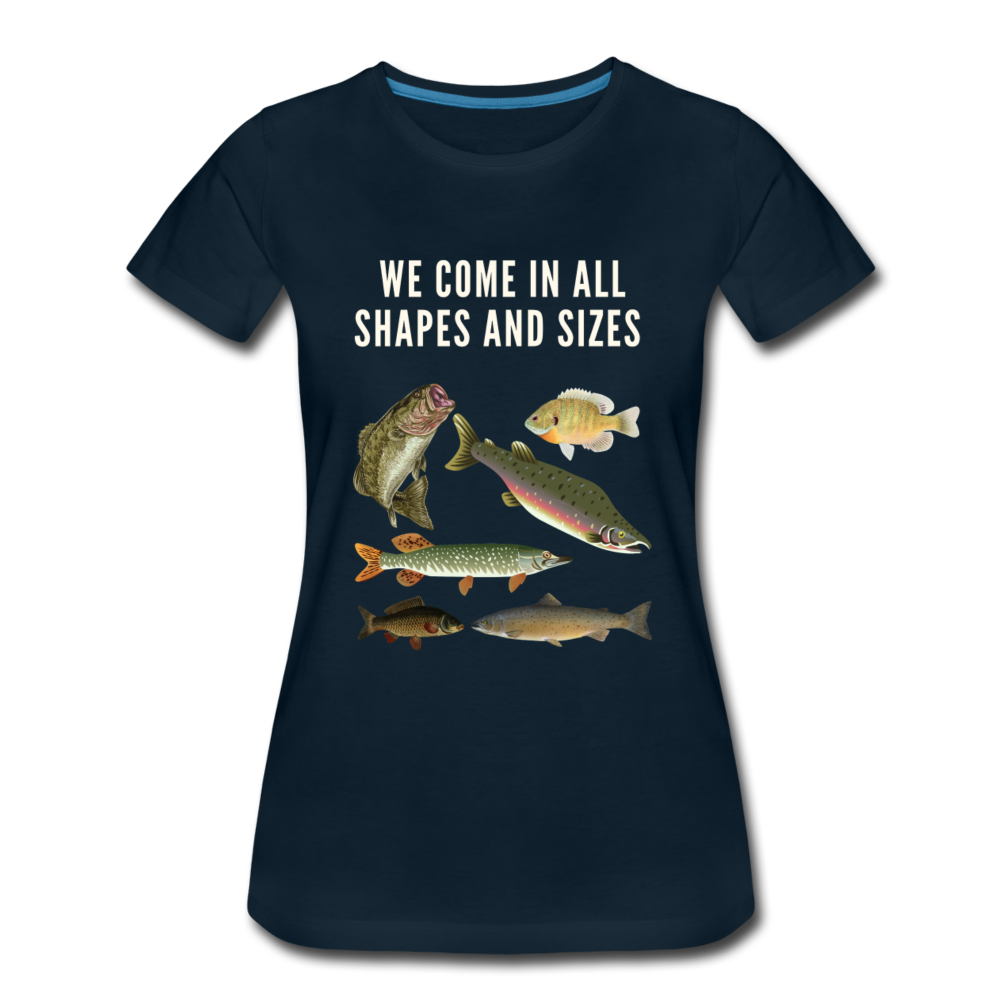 We Come in All Shapes and Sizes Organic Women's Fishing T-Shirt | Black and Navy - deep navy