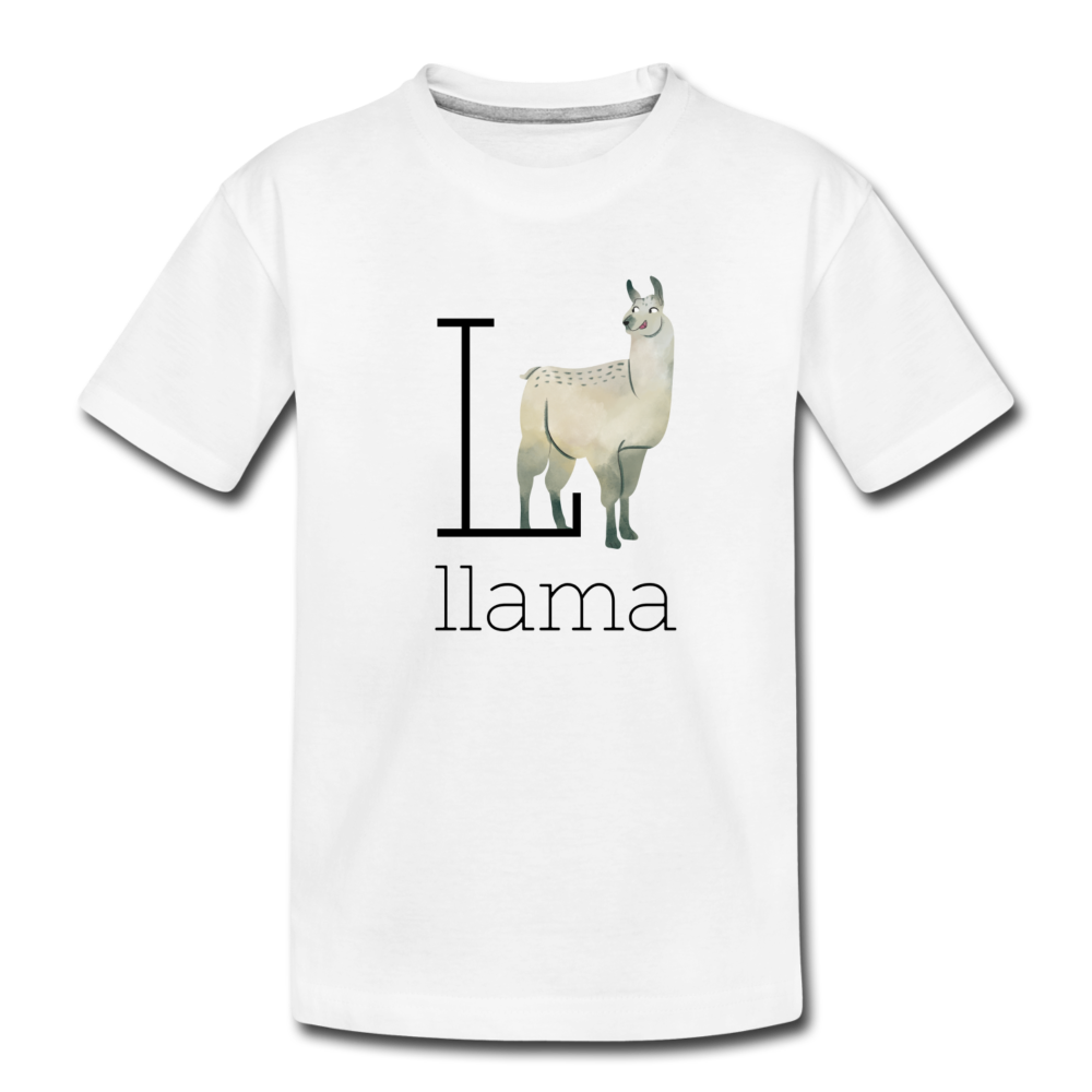 L is for Llama Animal Alphabet Letter of the Day Organic Toddler T-shirt - white