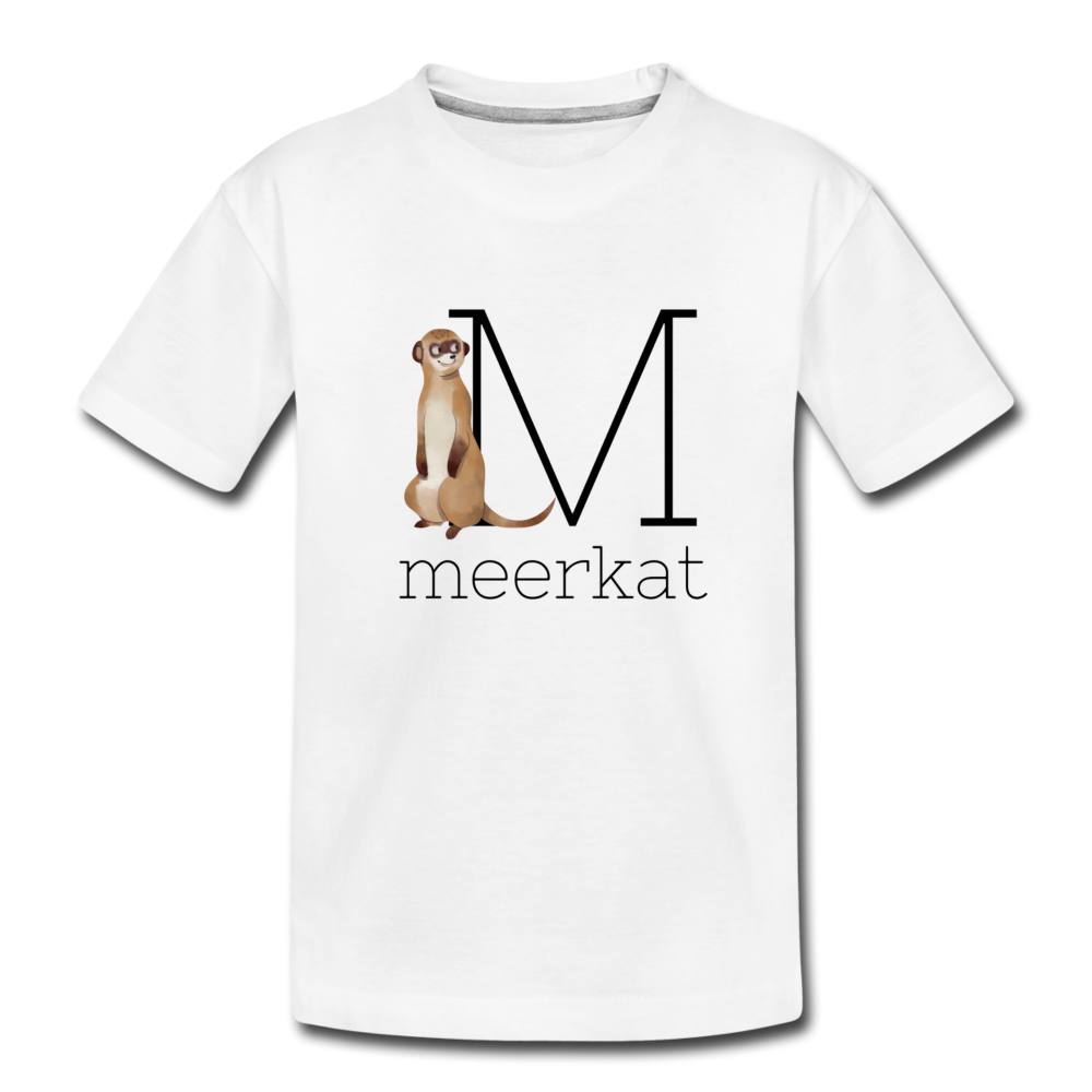 M is for Meerkat Alphabet Letter of the Day Organic Toddler T-shirt - white