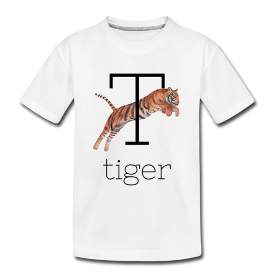 T is for Tiger Alphabet Letter of the Day Organic Toddler T-shirt - white