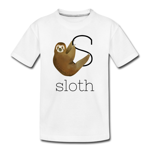 S is for Sloth Alphabet Letter of the Day Organic Toddler T-shirt - white