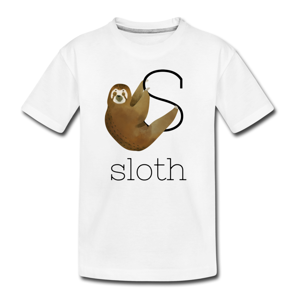 S is for Sloth Alphabet Letter of the Day Organic Toddler T-shirt - white