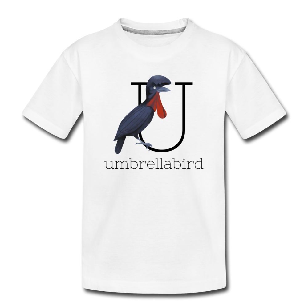 U is for Umbrellabird Alphabet Letter of the Day Organic Toddler T-shirt - white